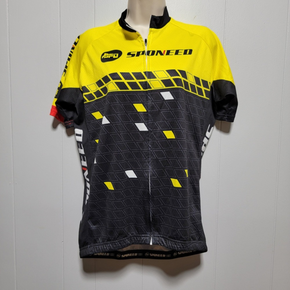SPOneed Mens Cycling Jersey Large Yellow Black Short‎ Sleeve Full Zip Geometric